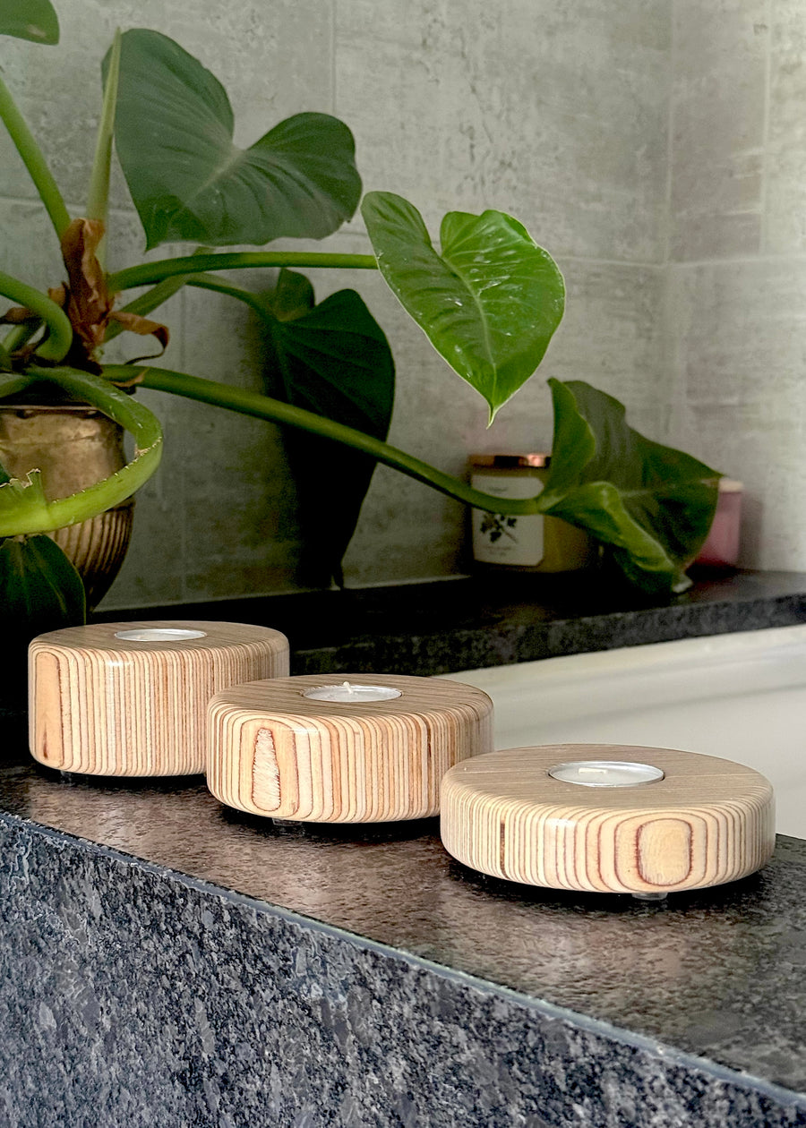 Set of (3) Baltic Birch Plywood Tealight Holders with White Tea Candles