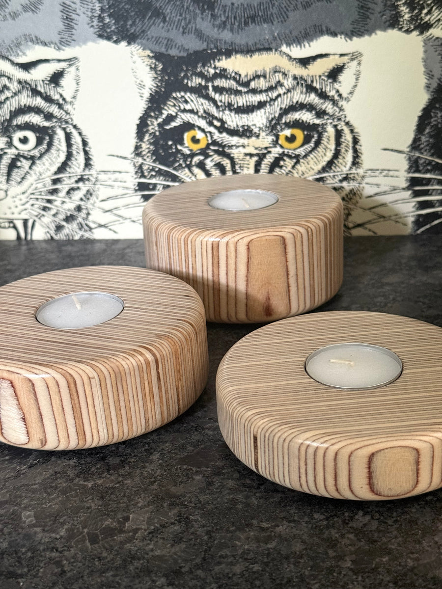 Set of (3) Baltic Birch Plywood Tealight Holders with White Tea Candles